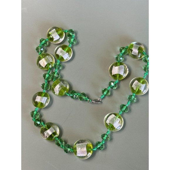 Artisan Designed Green Glass Beaded Silver Metallic Art Glass Necklace 18" - Picture 6 of 7